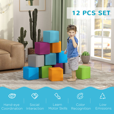 HOMCOM 12 PCs Soft Play Blocks, Soft Foam Toy, Building and Stacking Blocks for Kids, Multi-colour