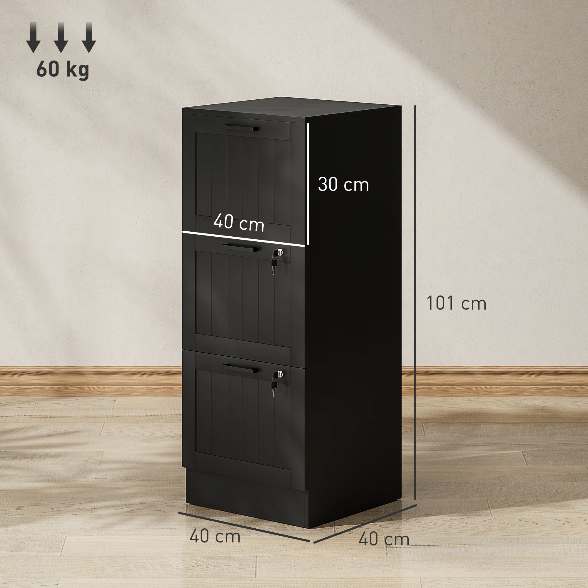 HOMCOM 3 Drawer Filing Cabinet with Lock, Office Storage Cabinet with Adjustable Hanging Bars for A4 Letter Size Files, Black 