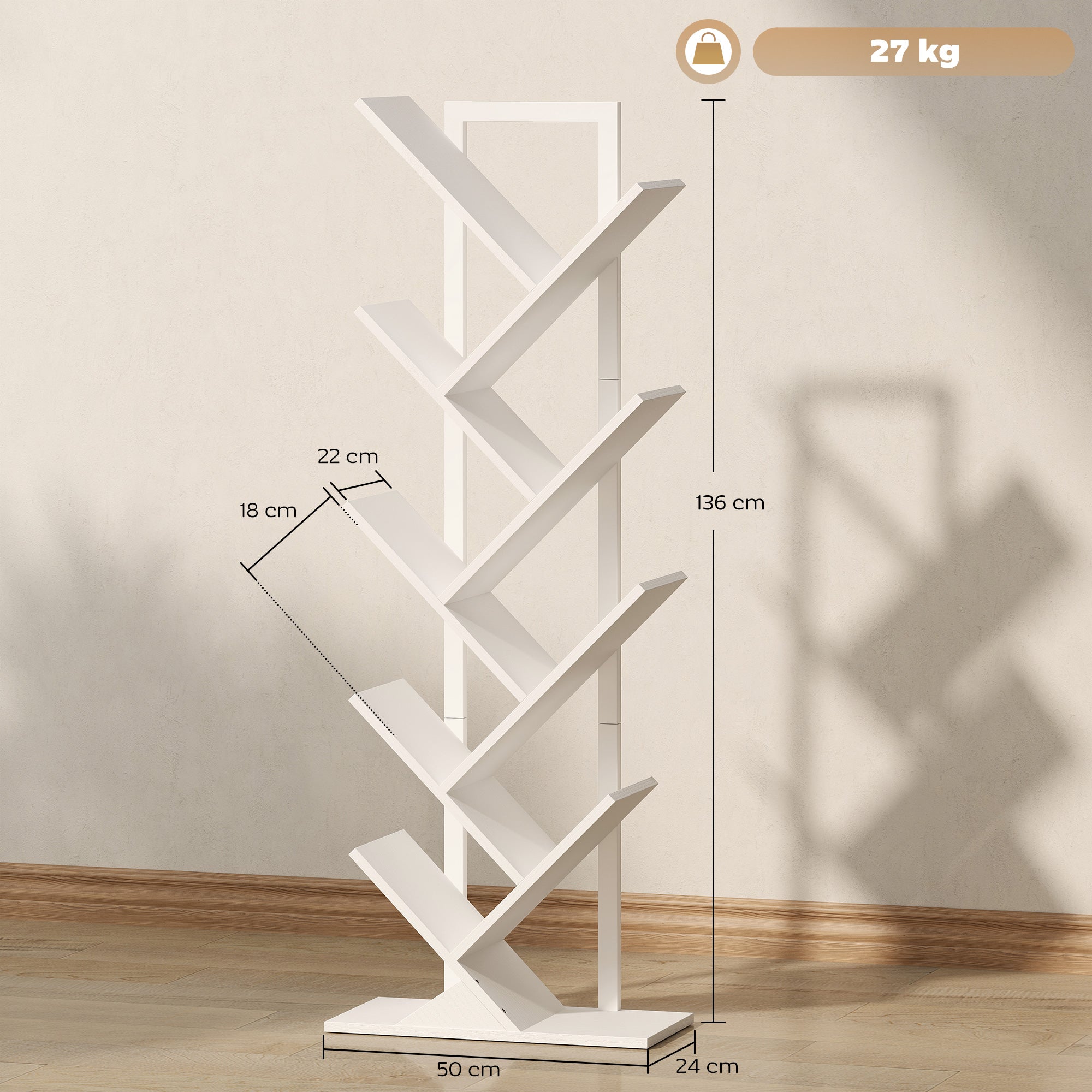 HOMCOM 9-Tier Tree Bookshelf, Industrial Free Standing Bookcase with Steel Frame, Display Storage White 