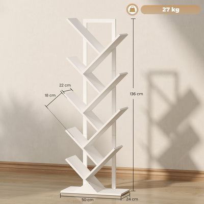 HOMCOM 9-Tier Tree Bookshelf, Industrial Free Standing Bookcase with Steel Frame, Display Storage White 
