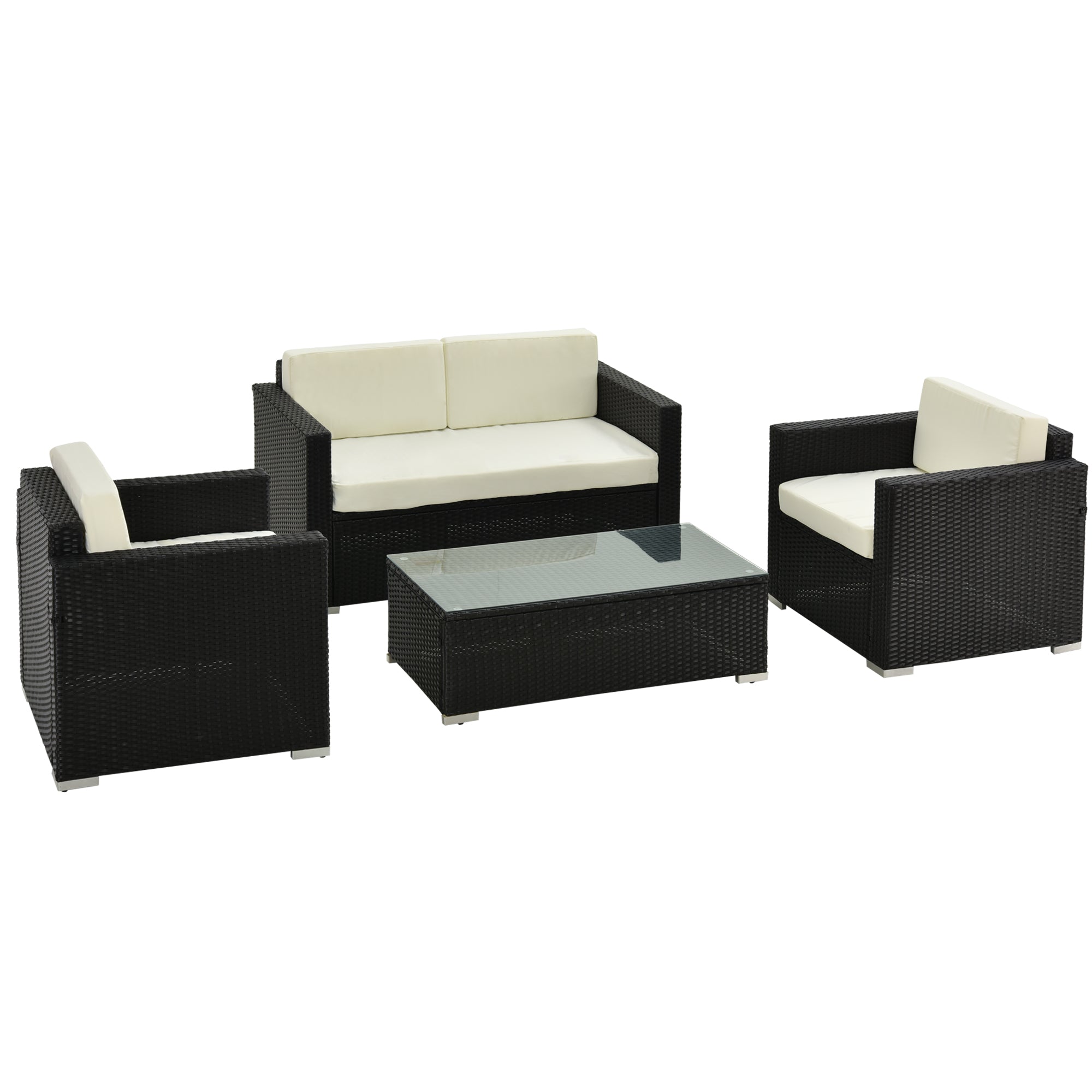 Outsunny 4-Seater Rattan Sofa Set Garden Rattan Furniture Wicker Steel Chair Seat Furniture Patio Rattan Garden Sofa Black 