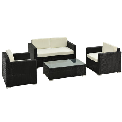 Outsunny 4-Seater Rattan Sofa Set Garden Rattan Furniture Wicker Steel Chair Seat Furniture Patio Rattan Garden Sofa Black 