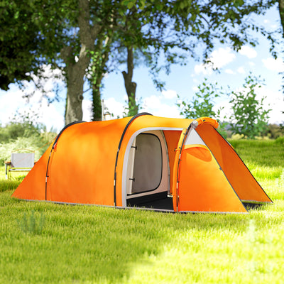 Outsunny 2-3 Man Tunnel Tents w/ Vestibule Camping Tent Porch Air Vents Weather-Resistant Shelter, Orange 
