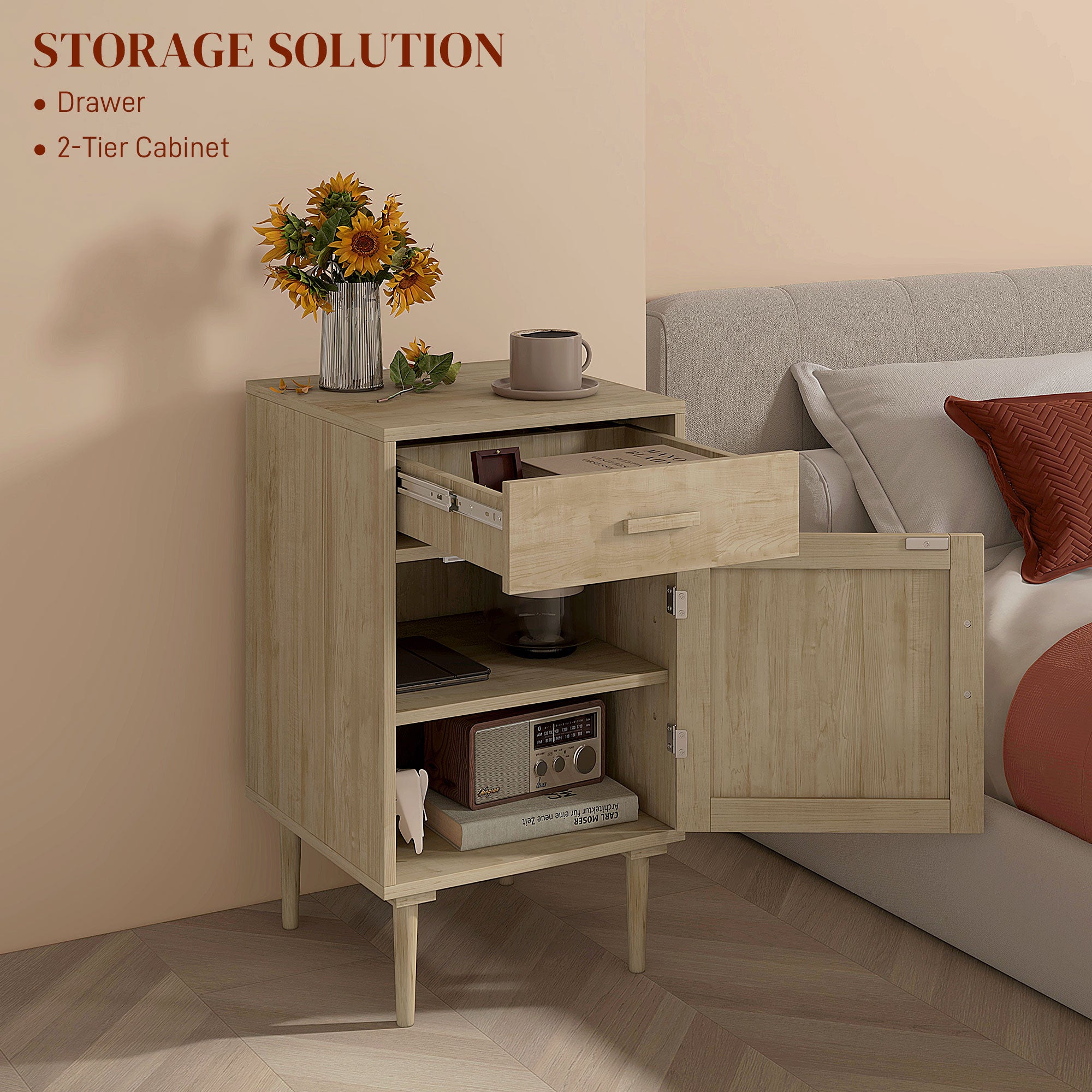 HOMCOM Bedside Tables Set of 2, Rattan Side Tables with Drawer, Cabinet and Adjustable Shelf, Boho Bedside Cabinets with Storage for Bedroom, Living Room, Natural Wood Finish 