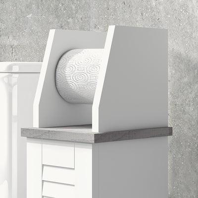 kleankin Slim Bathroom Floor Cabinet with Cupboard, Roll Holder and Adjustable Shelf, Toilet Roll Storage Unit for Toilet Paper, Shampoo, White 