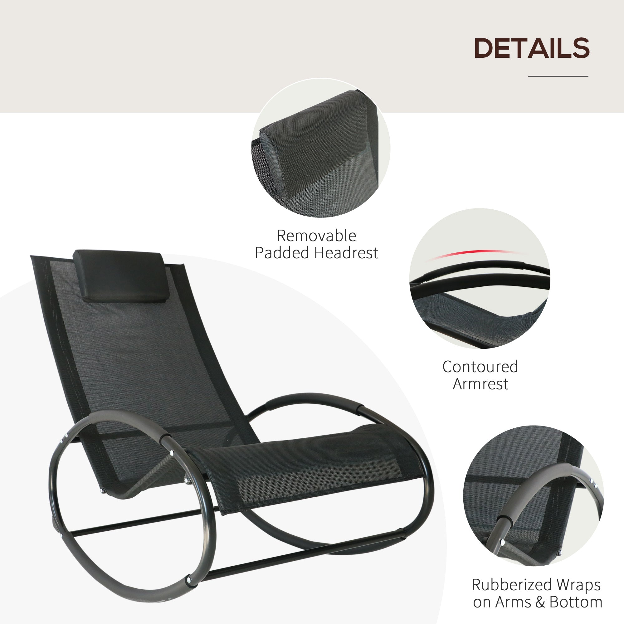 Outsunny Rocking Chair Sun Lounger Recliner Rocker Texteline Fabric Patio Garden Relaxer with Pillow, Black 