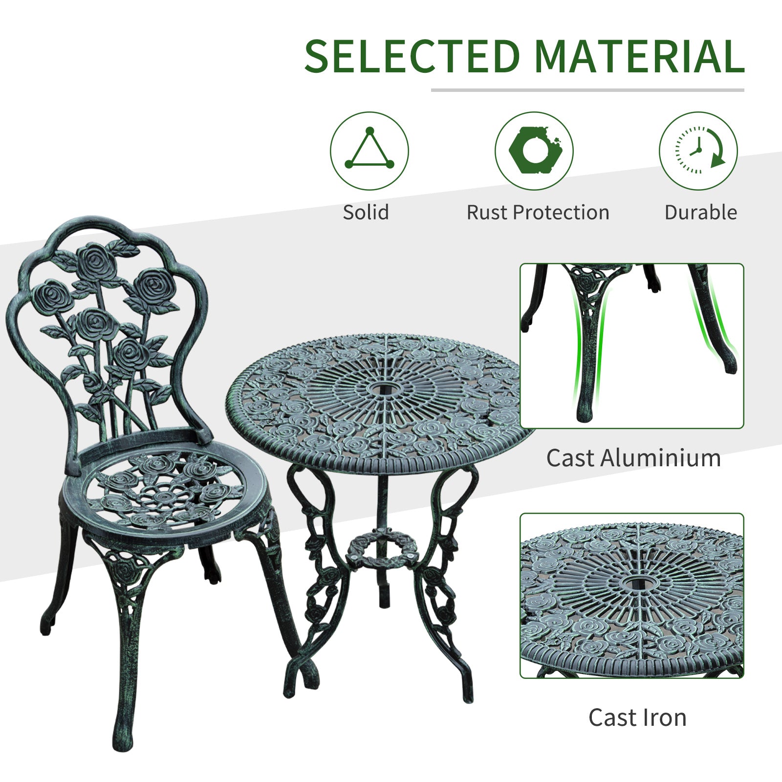 Outsunny Cast Aluminium Outdoor Patio Garden Bistro Elegant Design Table Chair Set - Green (3-Piece) 