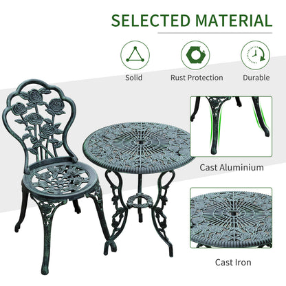 Outsunny Cast Aluminium Outdoor Patio Garden Bistro Elegant Design Table Chair Set - Green (3-Piece) 