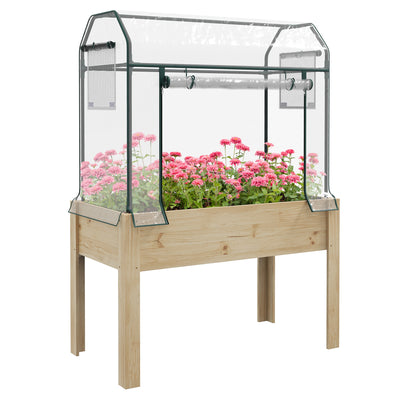 Outsunny Wooden Planter Box with Greenhouse Cover and Bed Liner, Raised Garden Bed for Vegetables, Flowers, Herbs 
