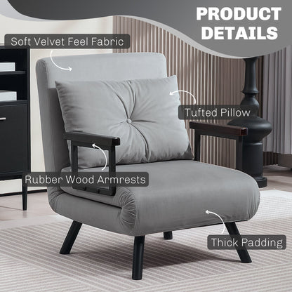 HOMCOM 4-in-1 Velvet-Feel Single Chair Bed, with Pillow - Light Grey 