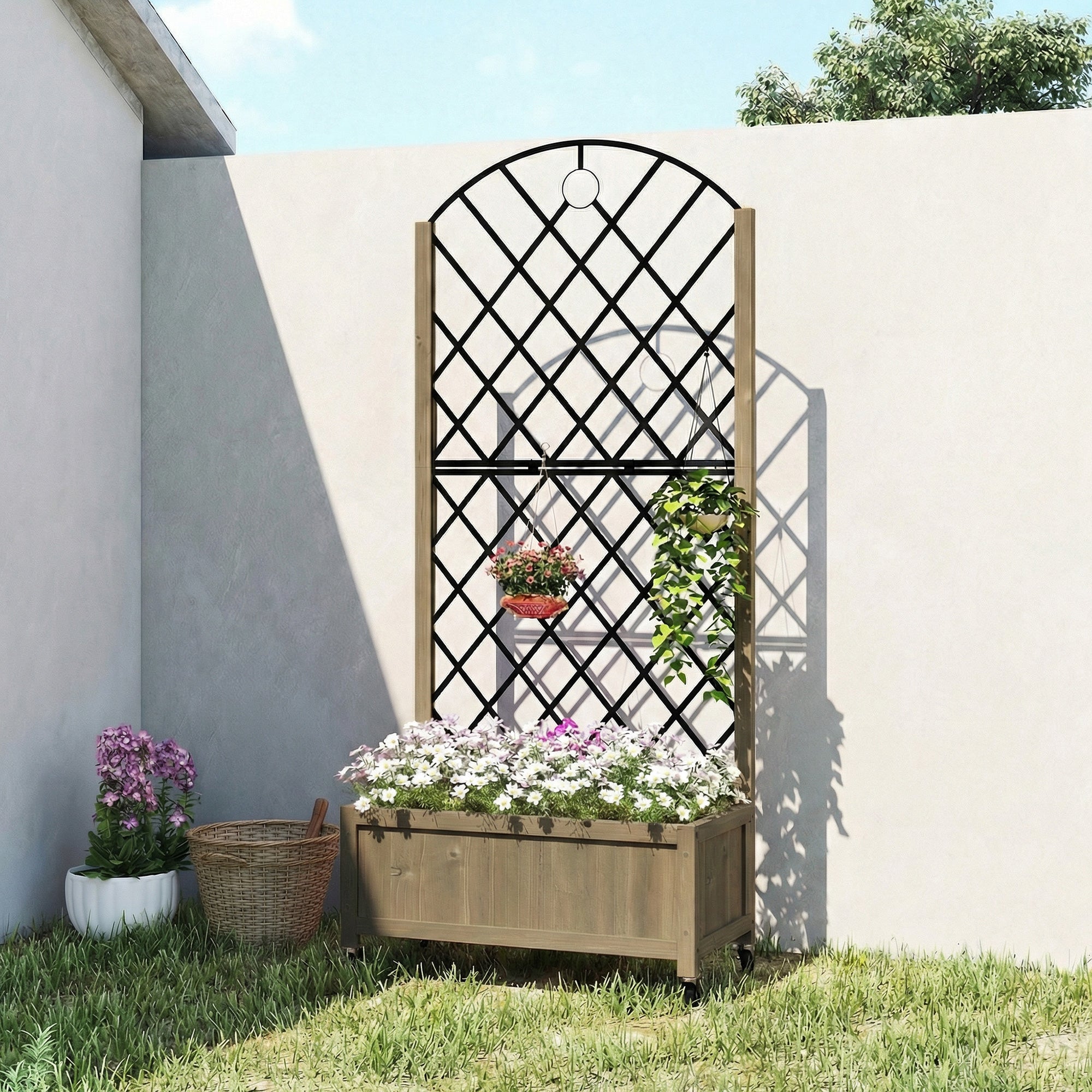 Outsunny Raised Garden Bed with Metal Trellis, Wooden Elevated Planter Box w/Lockable Wheels, Outdoor Raised Planter, Carbonised 