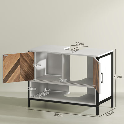 HOMCOM Under Sink Bathroom Cabinet, Rustic Under Sink Cabinet with Herringbone Doors and Open Compartment for Basin with or without Pedestal, 80 x 40 x 60cm, Cream White 