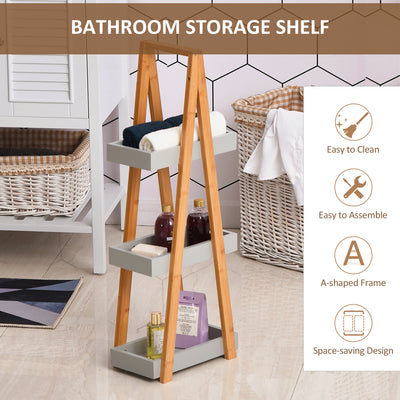 kleankin Bathroom Storage Shelves, 3-Tier Slim Shelving Unit, Freestanding Bamboo Shelf Unit, A Frame Space Saver Toilet Rack, Natural 