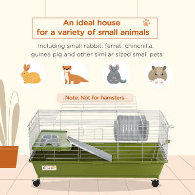 PawHut Small Animal Cage Rabbit Guinea Pigs Chinchillas Cage w/ Wheels Water Bottle Food Dish Platform Ramp 89 x 44 x 43 cm Green 