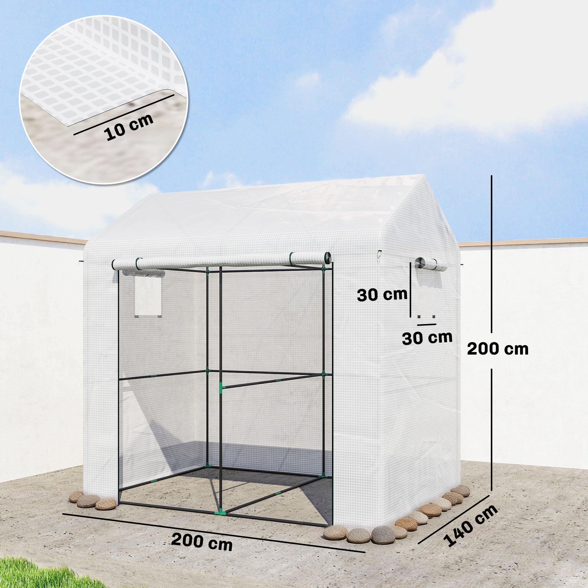 Outsunny Walk-in Greenhouse, Outdoor Tomato Greenhouse with Roll-up Door and Mesh Windows, PE Cover, 200 x 140 x 200cm, White 