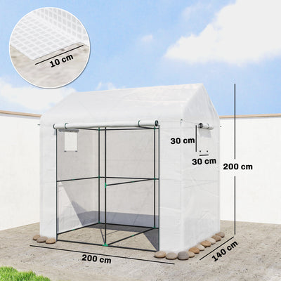 Outsunny Walk-in Greenhouse, Outdoor Tomato Greenhouse with Roll-up Door and Mesh Windows, PE Cover, 200 x 140 x 200cm, White 