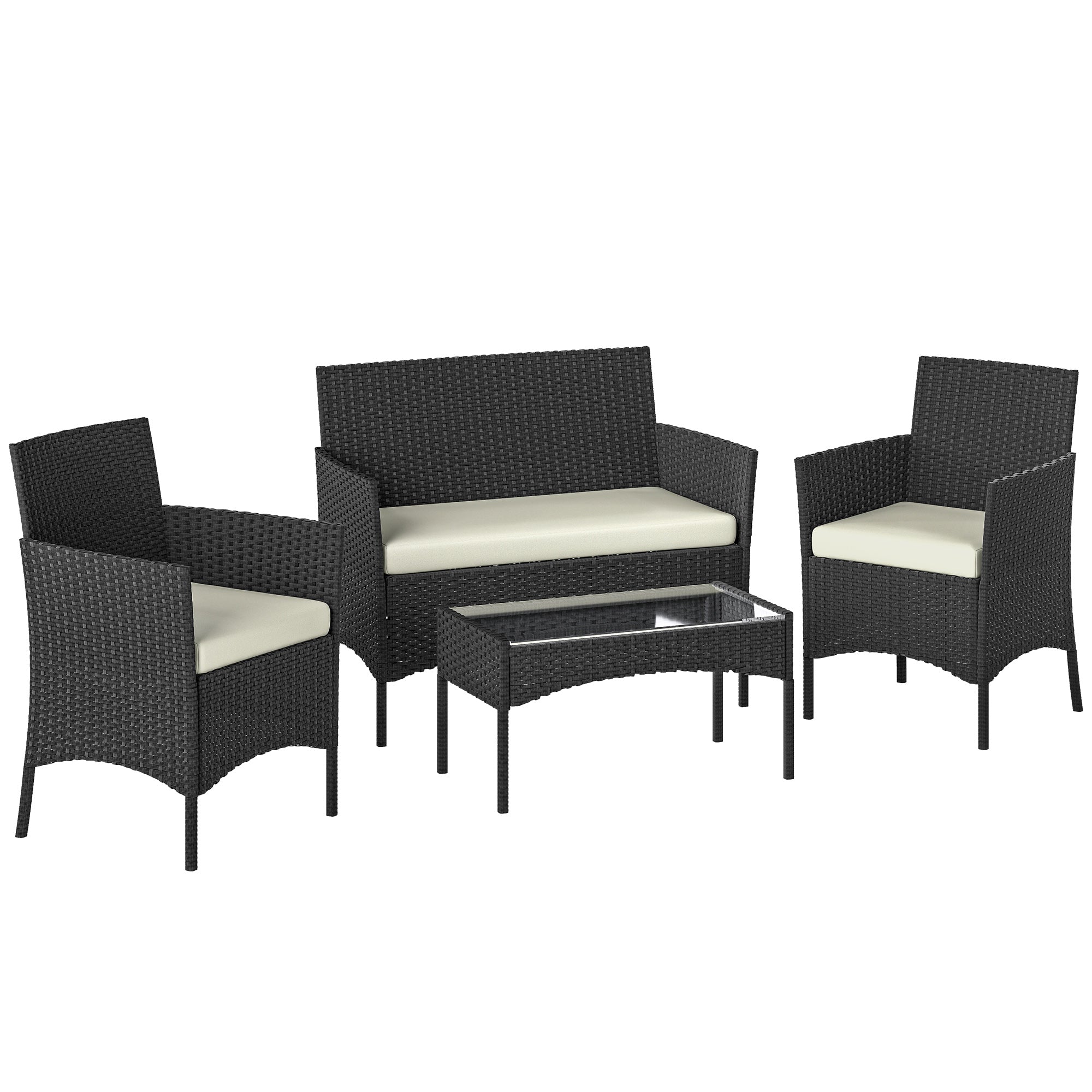 Outsunny 4 Piece Rattan Garden Furniture Sofa Set with Loveseat, Armchairs, Glass-Top Coffee Table and Cushions, Cream White 