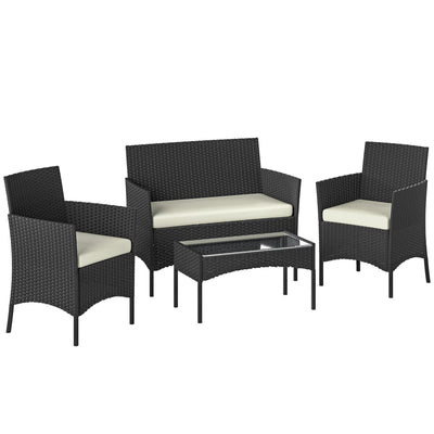 Outsunny 4 Piece Rattan Garden Furniture Sofa Set with Loveseat, Armchairs, Glass-Top Coffee Table and Cushions, Cream White 