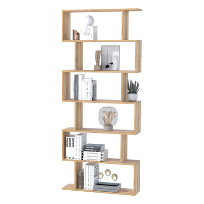 HOMCOM Bookcase, 6 Tier Shelf S Shaped Bookshelf, Storage Unit, Display Shelf for Living Room, Bedroom, Home Office, Plant, Oak 