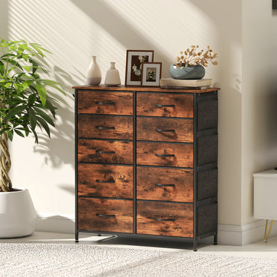 HOMCOM Chest of Ten Fabric Drawers - Rustic Brown 