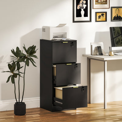 HOMCOM Filing Cabinet, Fluted Vertical File Cabinet with 3 Lockable Drawers and Hanging Rails, Black 