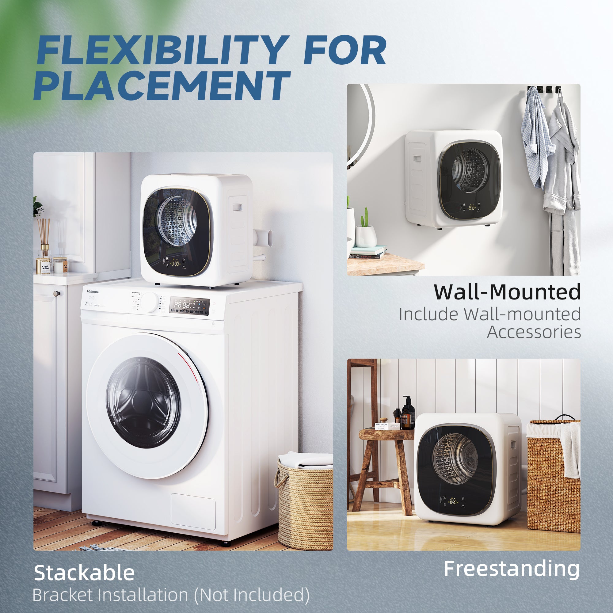 HOMCOM 4kg Vented Tumble Dryer, 800W Compact Freestanding Front Tumble Dryer with 5 Drying Mode, Smart Sensor, Timer and Stainless Steel Tub, Wall-Mounted Portable Small Clothes Drying Machine, White 