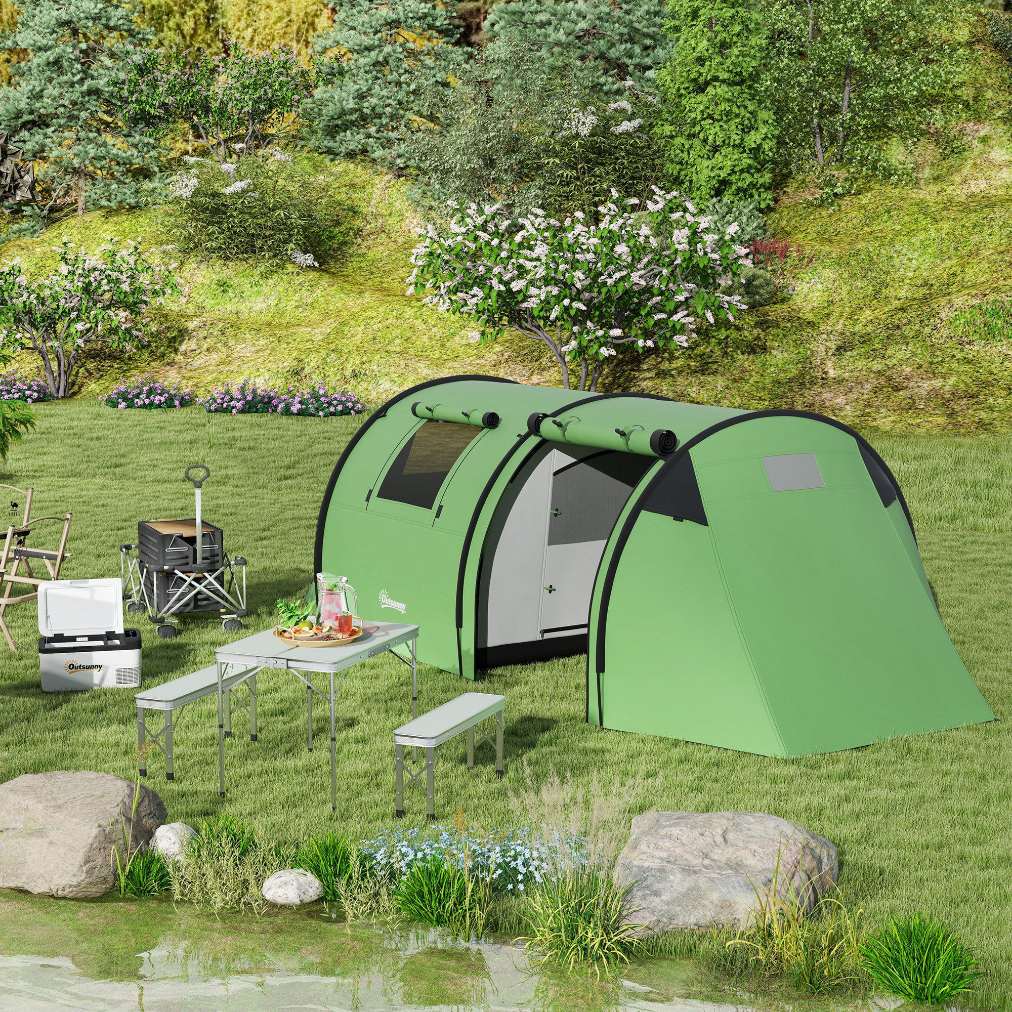 Outsunny Four Man Duo Room Tunnel Tent, with Accessories - Green 