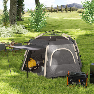 Outsunny Instant Camping Tent, 2/3/4 Person Easy Setup Family Tent with Vestibule, Rainfly, 4 Mesh Windows & 2 Doors, Hexagonal Design, Waterproof UV Protected Dome Tent, Dark Grey 