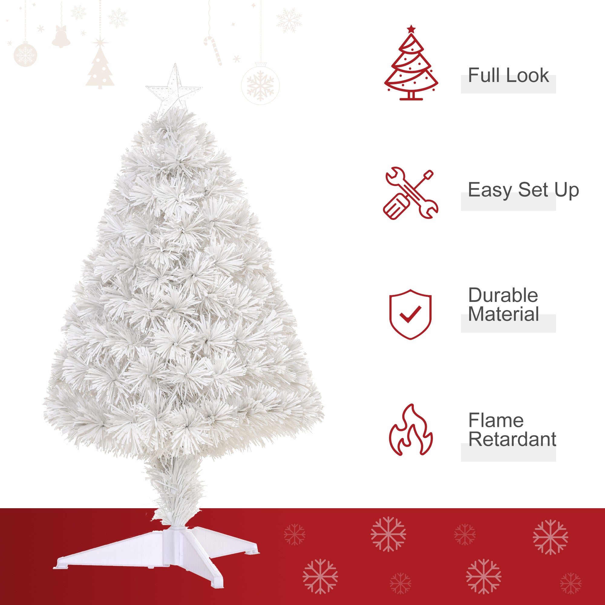 HOMCOM 2.5FT Prelit Artificial Tabletop Christmas Tree with Fibre Optics Holiday Home Xmas Decoration for Table and Desk, White 