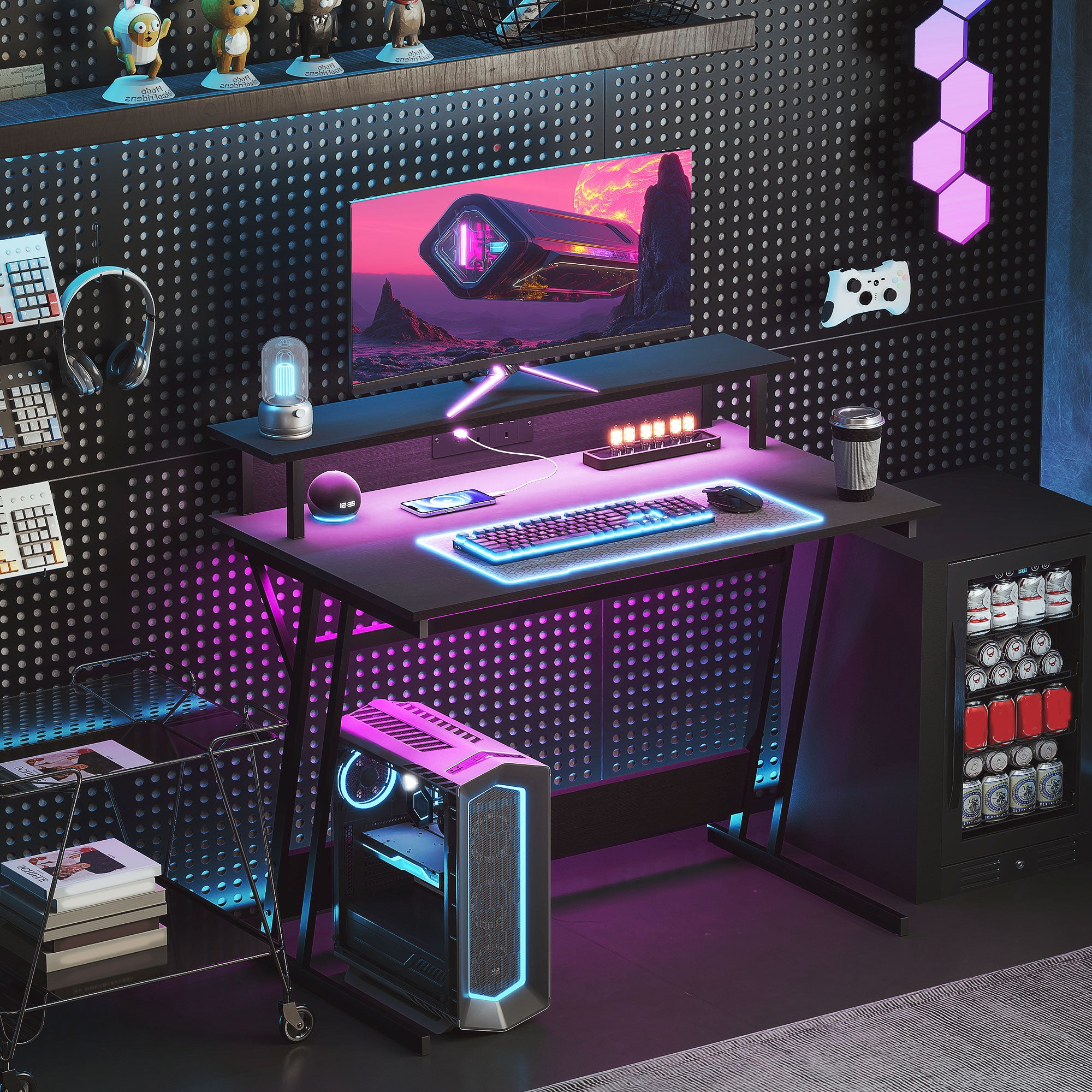 HOMCOM Gaming Desk with LED Lights and Power Outlets, 100 x 60cm Z Shaped Computer Desk with Monitor Stand and Steel Frame, PC Gaming Table for Home Office, Black 
