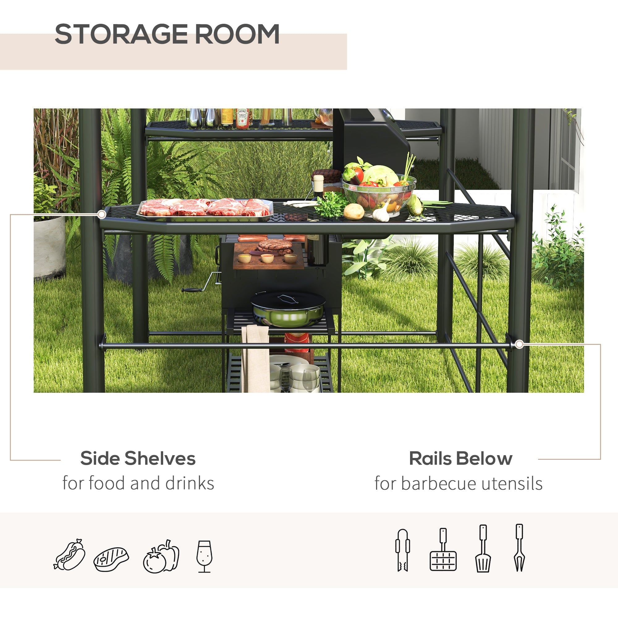 Outsunny 2.4 x 1.5m Outdoor Grill Gazebo with Side Shelves, PC Board Roof, Dark Grey 