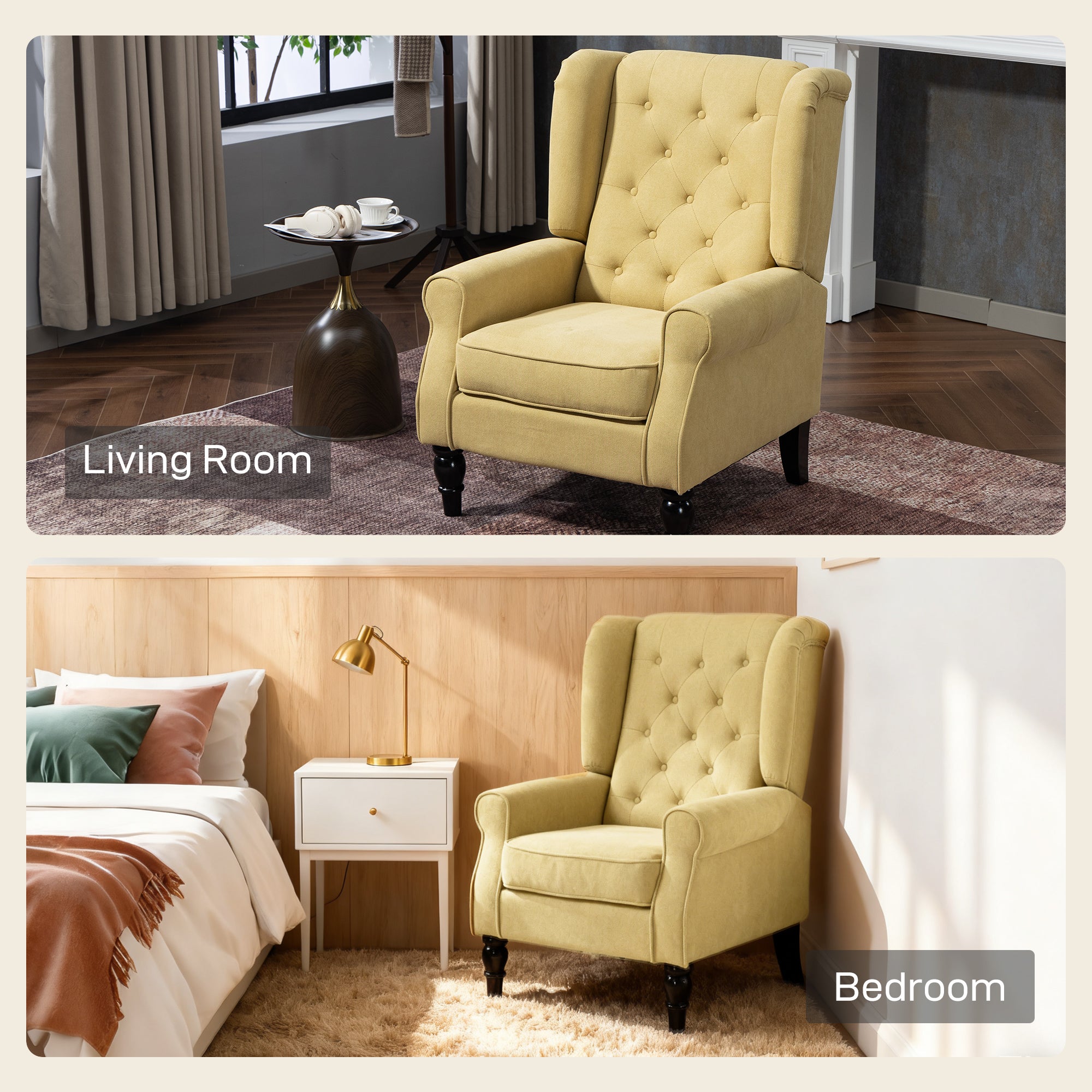 HOMCOM Wingback Accent Chair, Retro Upholstered Button Tufted Occasional Chair for Living Room and Bedroom, Yellow 