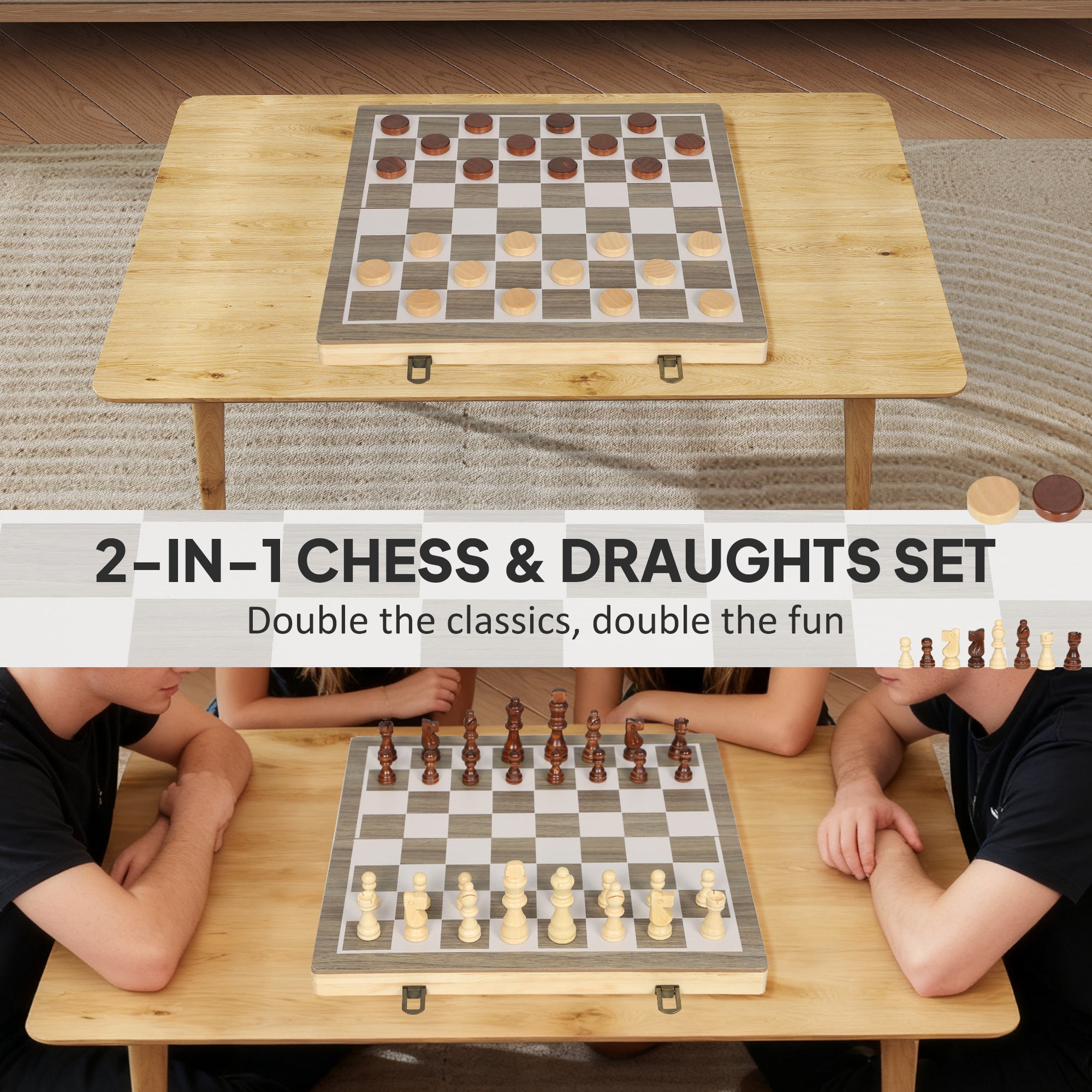 SPORTNOW 15 Inch Chess Set, Foldable Chess and Draughts Set, Brown 