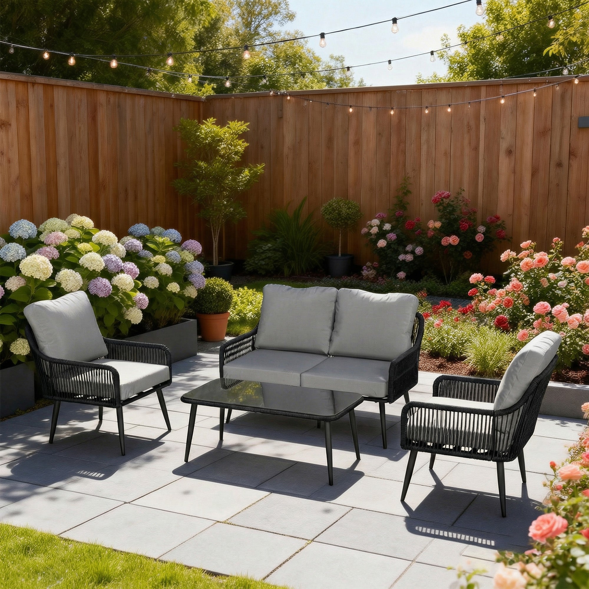 Outsunny Rattan Garden Furniture Set, 4 Piece Outdoor Patio Furniture with Tempered Glass Table and Chairs, Indoor Balcony Conservatory Set 