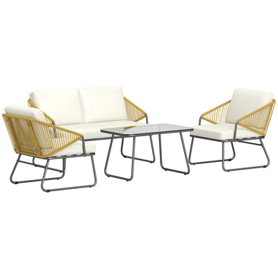 Outsunny 4 Piece Rattan Garden Furniture Set, Wicker Patio Outdoor Furniture Set with Loveseat, Armchairs, Glass Top Coffee Table and Cushions for Patio, Conservatory, Balcony, Natural Wood Finish 