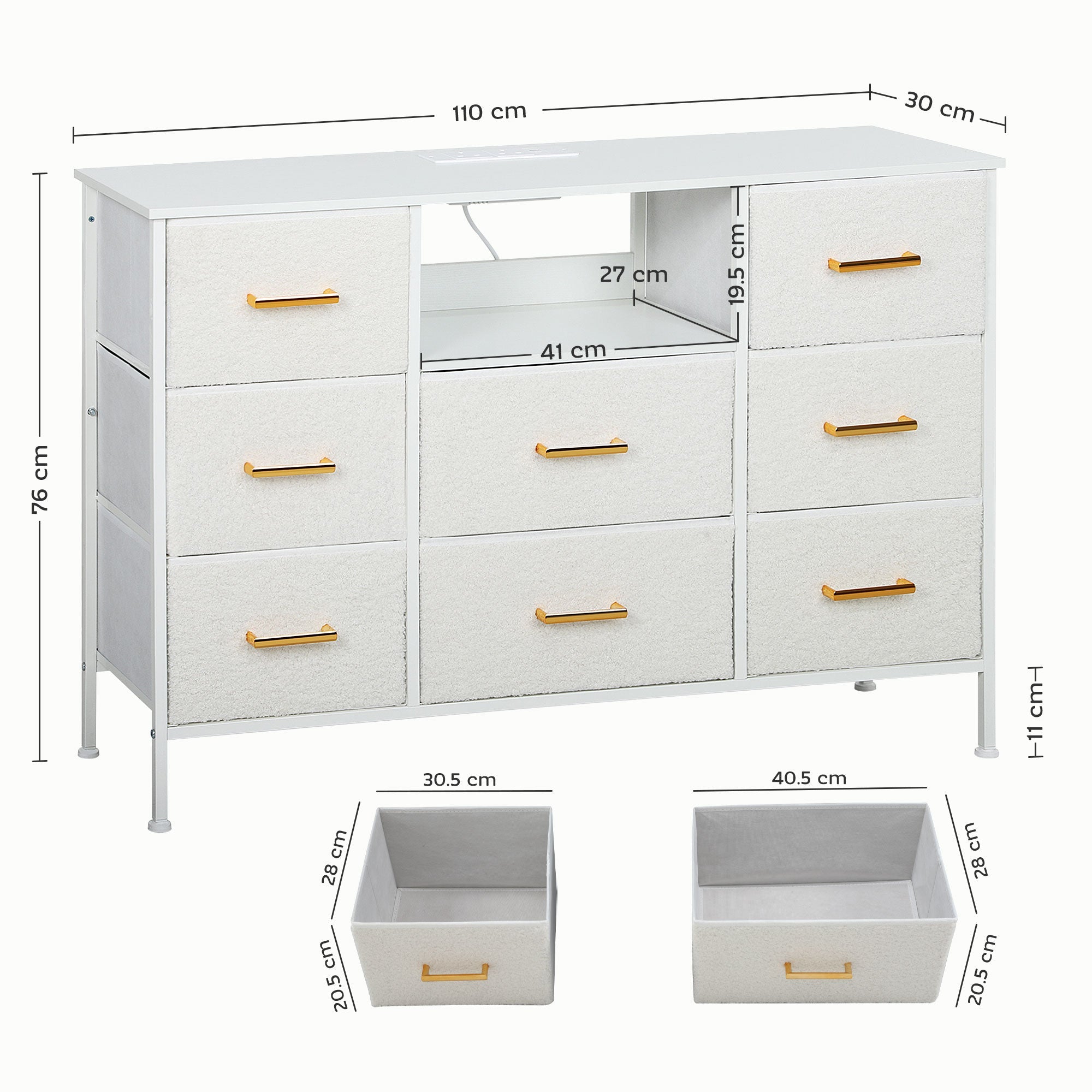 HOMCOM Boucle Chest of Drawers, 8 Fabric Drawers Storage Organiser with Charging Station, 2 USB and 2 AC Ports, Steel Frame, Fabric Dresser for Living Room, Bedroom, Hallway, Cream White 