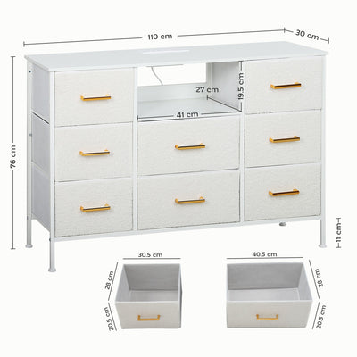 HOMCOM Boucle Chest of Drawers, 8 Fabric Drawers Storage Organiser with Charging Station, 2 USB and 2 AC Ports, Steel Frame, Fabric Dresser for Living Room, Bedroom, Hallway, Cream White 