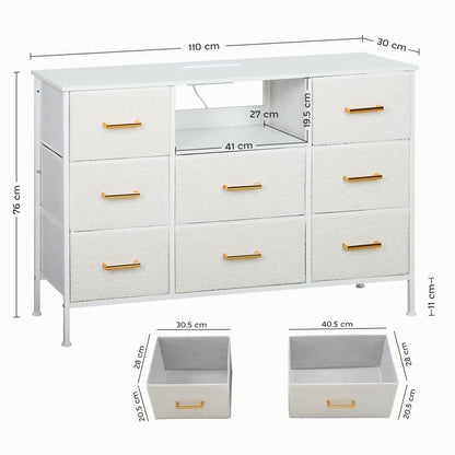 HOMCOM Boucle Chest of Drawers, 8 Fabric Drawers Storage Organiser with Charging Station, 2 USB and 2 AC Ports, Steel Frame, Fabric Dresser for Living Room, Bedroom, Hallway, Cream White 