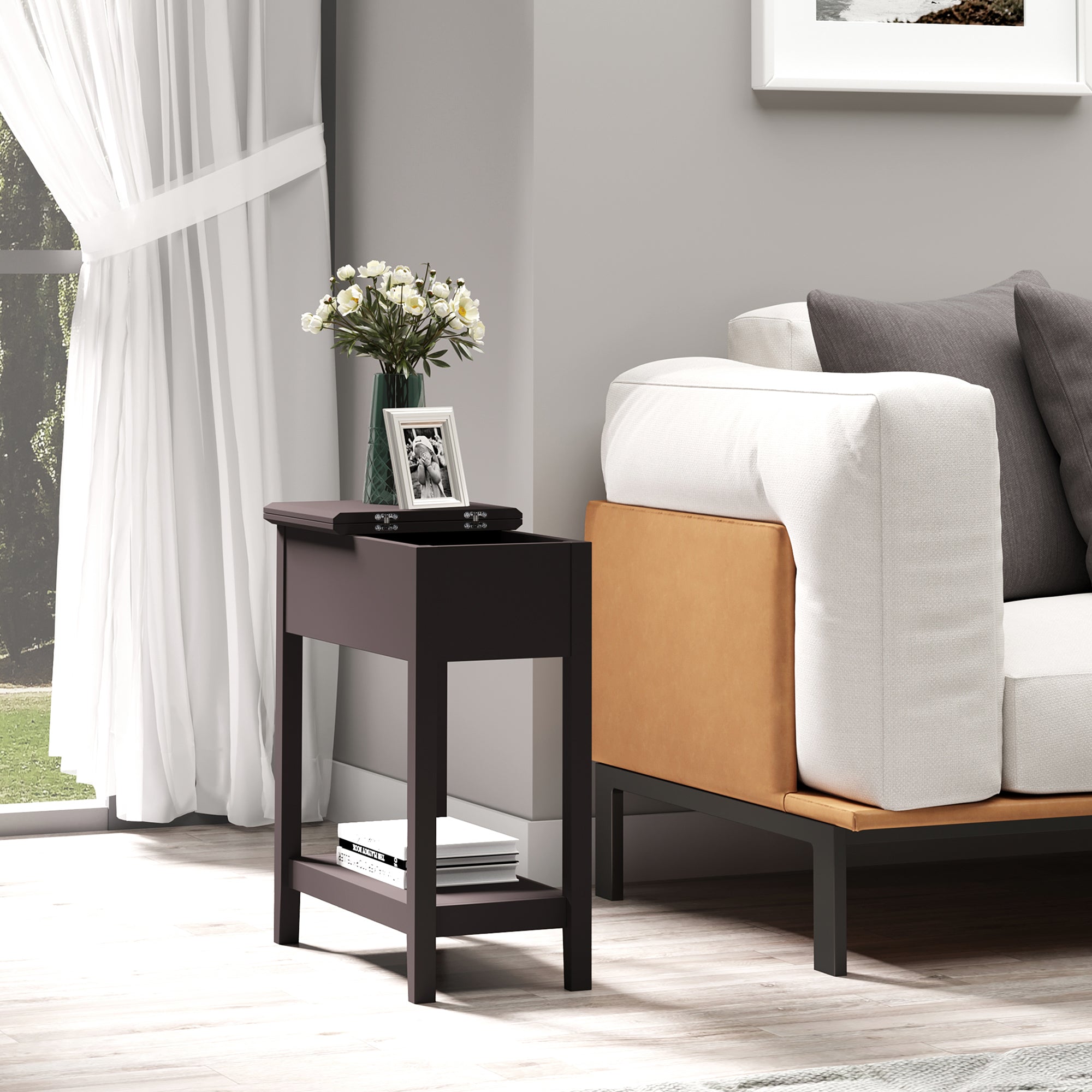 HOMCOM End Table, Narrow Side Table with Flip Top , Shelf, Dark Coffee 