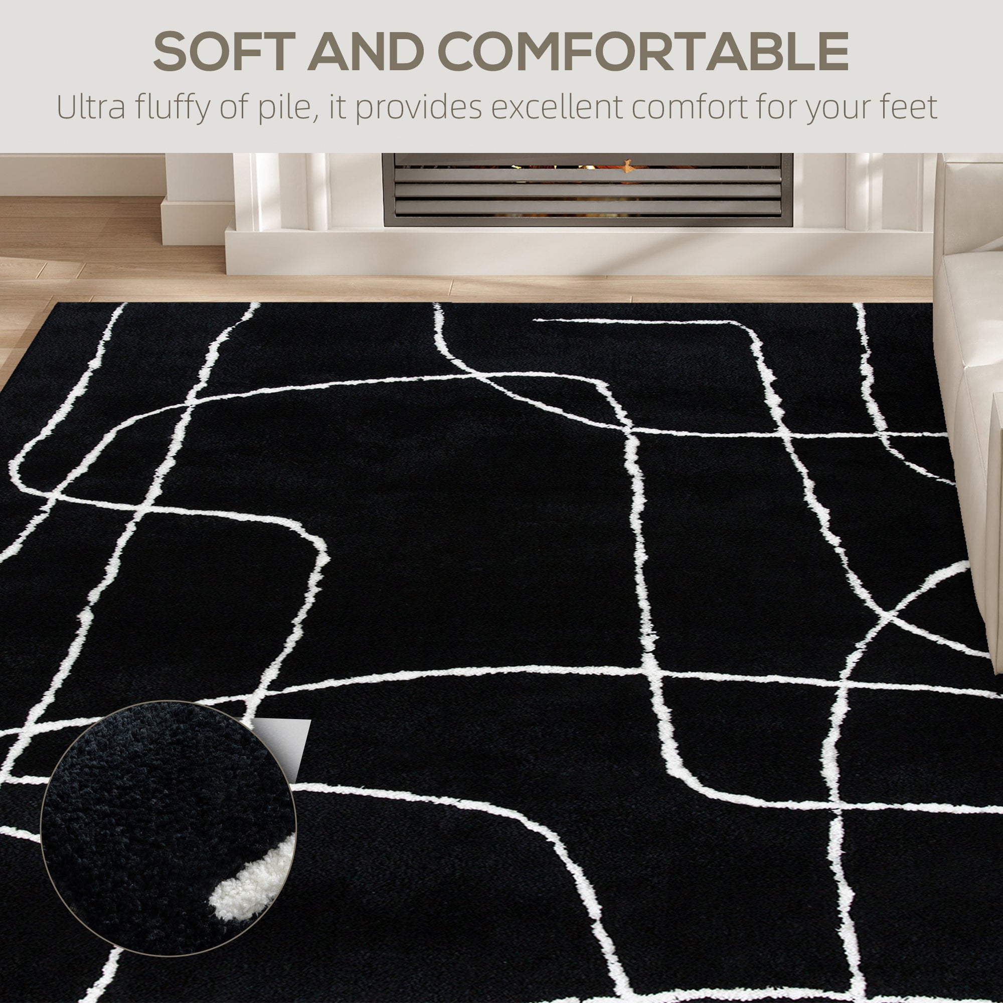 HOMCOM Modern Fluffy Area Rug, Geometric Pattern Washable Rug, Soft High Pile Floor Carpet for Living Room, Bedroom, Dining Room, Home Office, 170 x 120 cm, Black