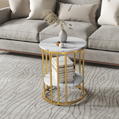 HOMCOM Set of Two Marble-Effect Coffee Tables - White/Gold-Tone 