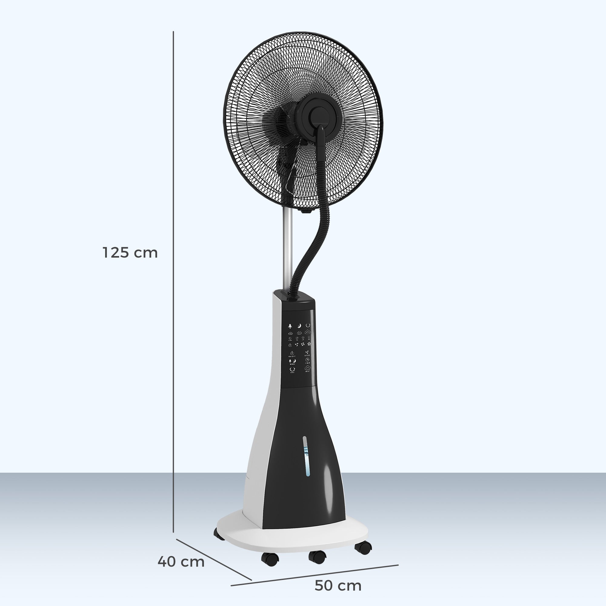 HOMCOM Pedestal Fan with Water Mist Spray, Spray Misting Fan with 75° Oscillation, Tilt Head, 3 Speeds, 3 Modes, 3 Mist, 3L Water Tank, Wheels, for Home, 125 cm
