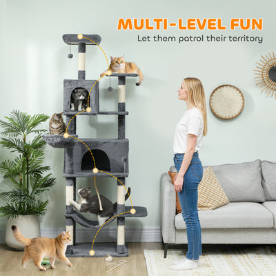 PawHut 202cm Large Cat Tree with 6 Scratching Posts, 2 Hammocks, 2 Condos, 2 Perches, Pompoms, for Indoor Cats to Rest and Play 