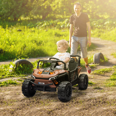 AIYAPLAY 12V Battery Powered Ride on Truck w/ Remote, Four Suspension Wheels, Horn, Lights, Music, USB, for Ages 3-5 Years, Brown 