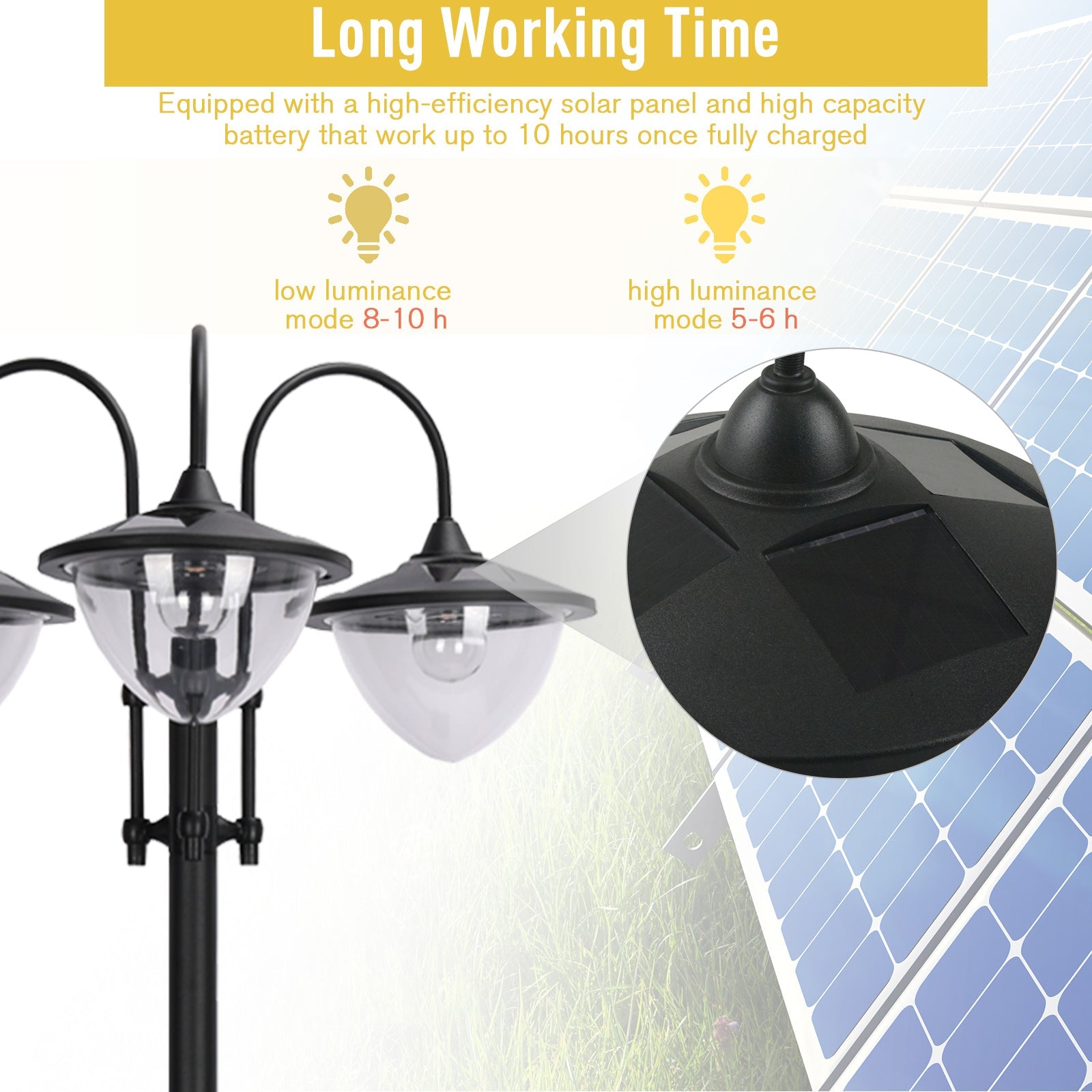 Outsunny 189cm 3-head Solar Lamp Post, Street Light with Planter, Automatic-on, 6 Hour Max Outdoor Ready LED Lighting, Black 