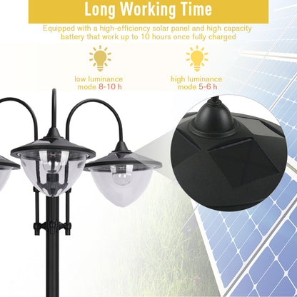 Outsunny 189cm 3-head Solar Lamp Post, Street Light with Planter, Automatic-on, 6 Hour Max Outdoor Ready LED Lighting, Black 