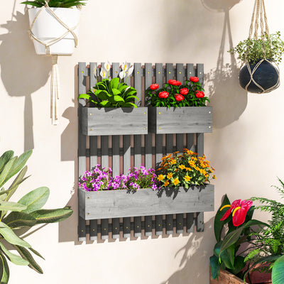Outsunny Wall-mounted Wooden Garden Planters with Trellis, Drainage Holes and 3 Planter Boxes for Patio, Grey 