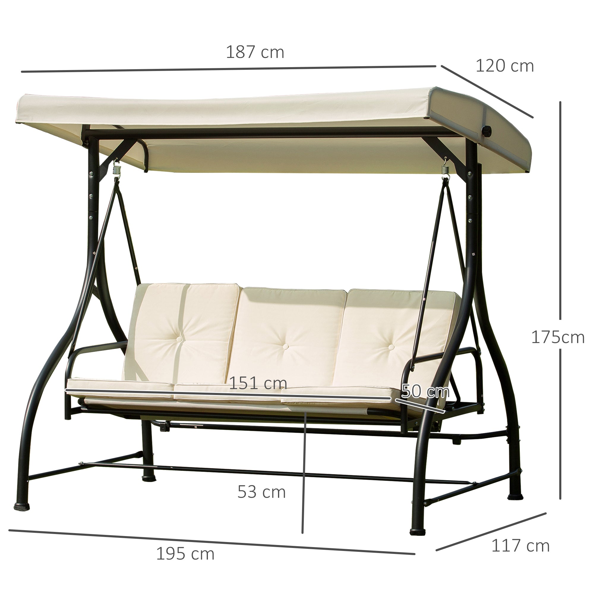 Outsunny 196L x 117D x 178H cm Swing Chair-Beige/Black 