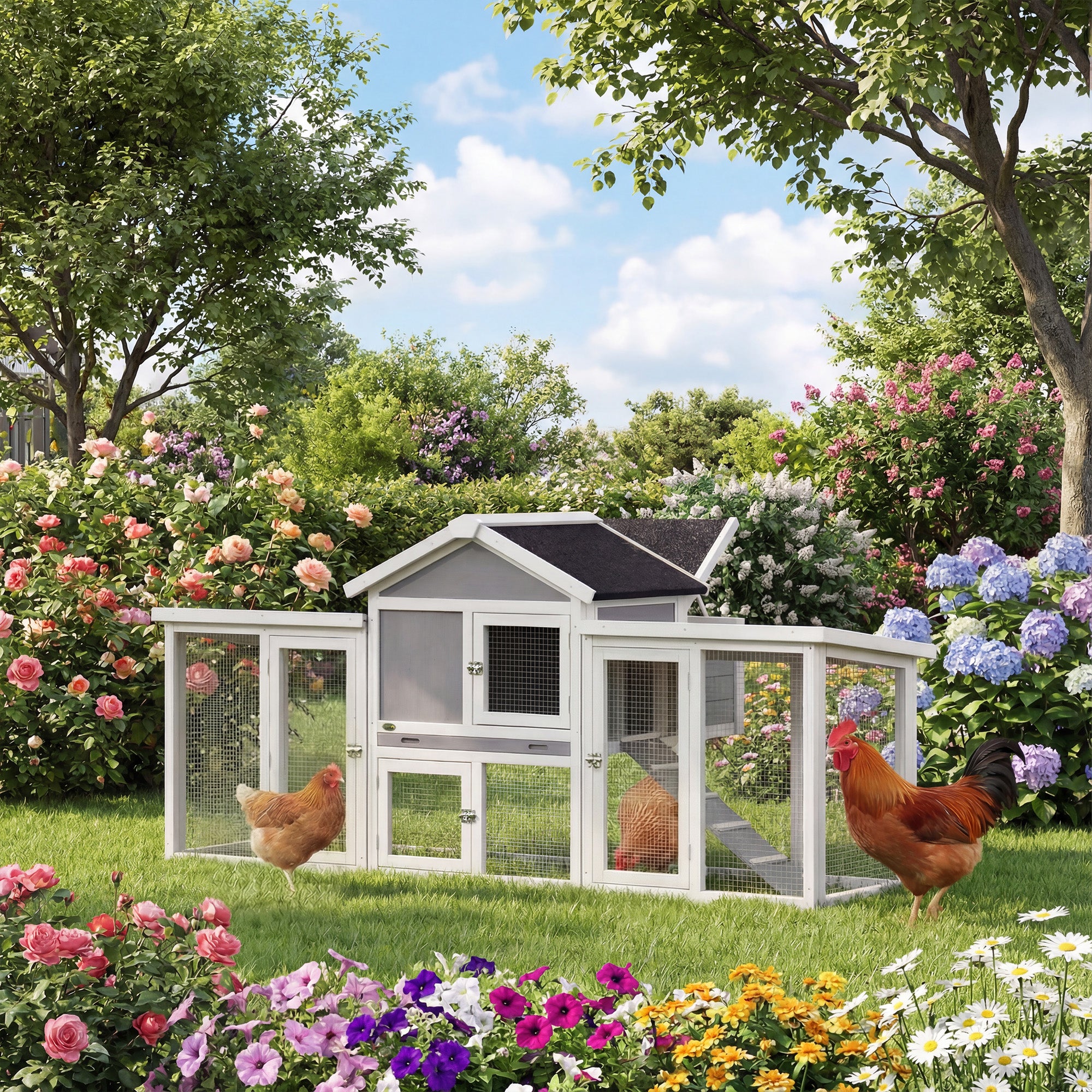 PawHut Large Chicken Coop, Wooden Outdoor Chicken Cage Poultry Hen House with Nesting Box 