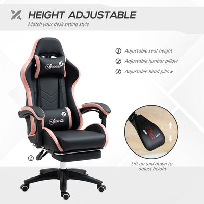 Vinsetto Computer Gaming Chair, PU Leather Desk Chair with Footrest, Swivel Task Chair with 135° Reclining Back and Lumbar Support, PC Chair for Adults, Black and Pink 